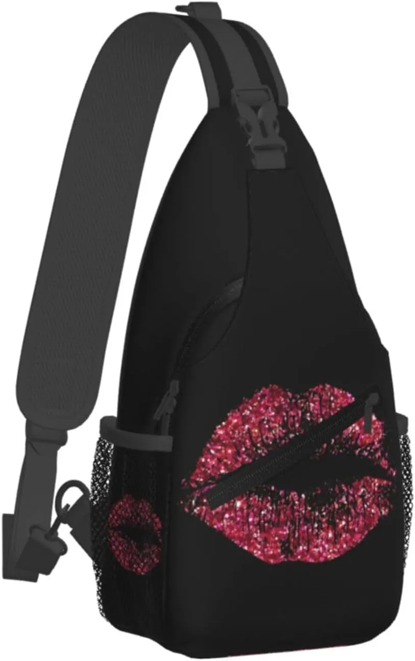 Red Glitter Lips 1 Crossbody Bag Cross Chest Bag Adjustable Sling Backpack Sports Gym Shoulder Bags Travel Cycling Daypack Diagonally Casual Rucksack