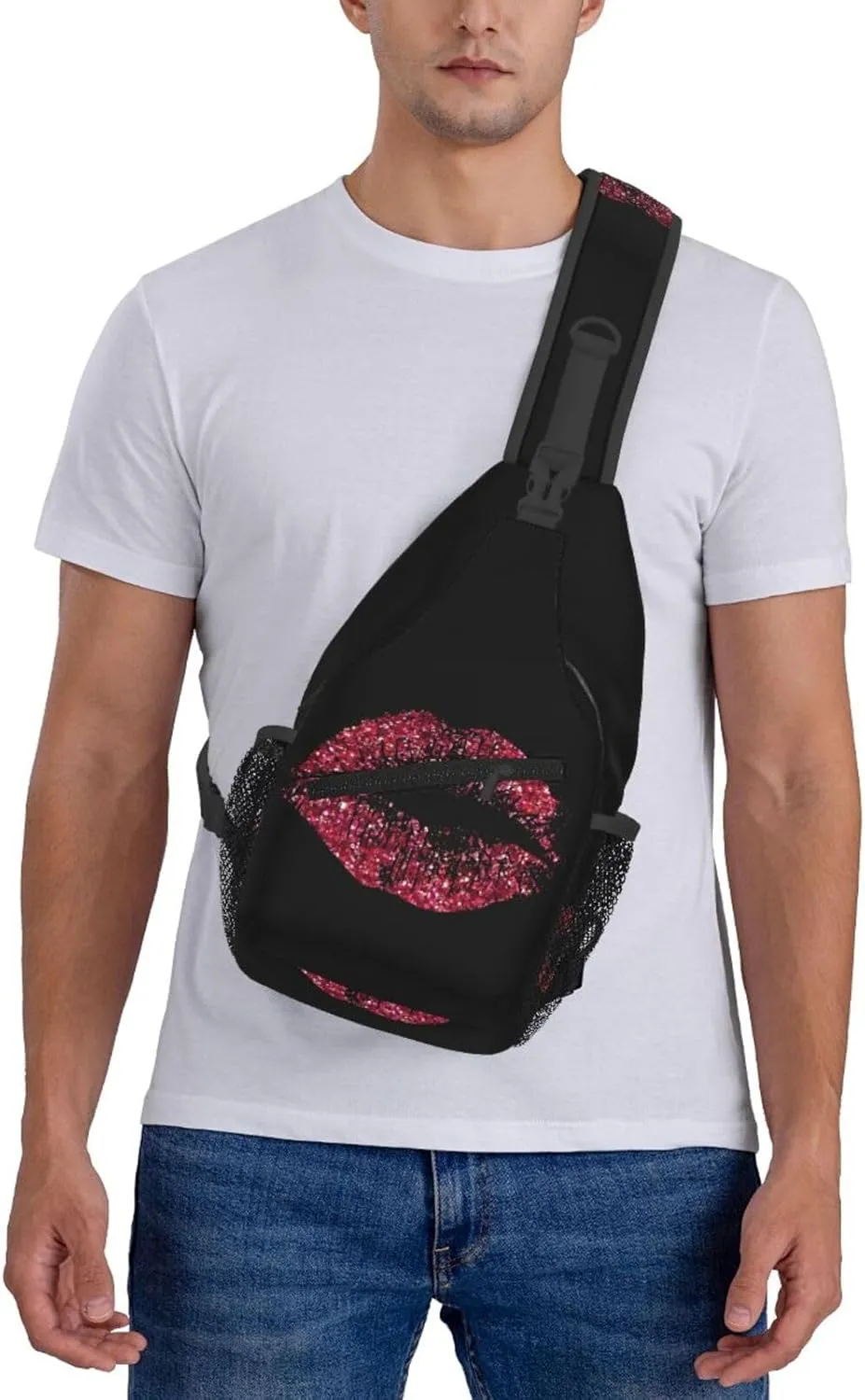 Red Glitter Lips 1 Crossbody Bag Cross Chest Bag Adjustable Sling Backpack Sports Gym Shoulder Bags Travel Cycling Daypack Diagonally Casual Rucksack