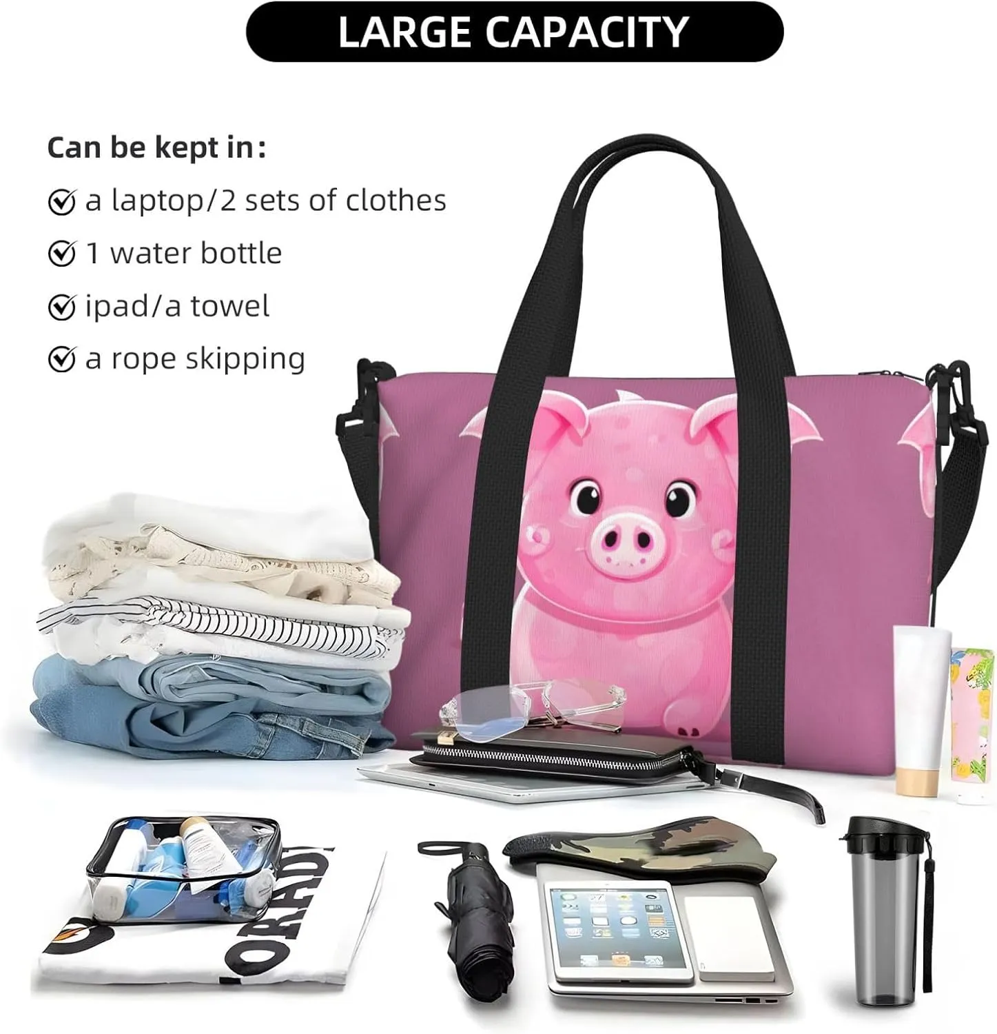 Red Pig Small Duffel Bag Foldable Travel Bag Weekender Bag Overnight Gym Hospital Bags For Women&Men