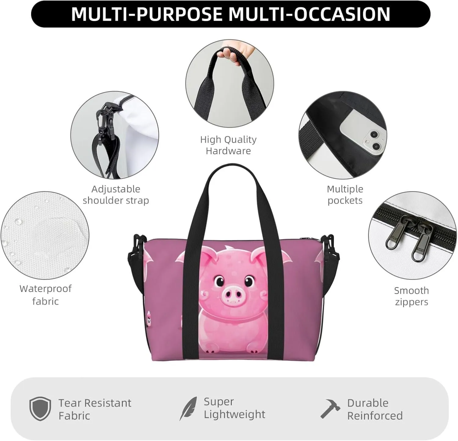 Red Pig Small Duffel Bag Foldable Travel Bag Weekender Bag Overnight Gym Hospital Bags For Women&Men