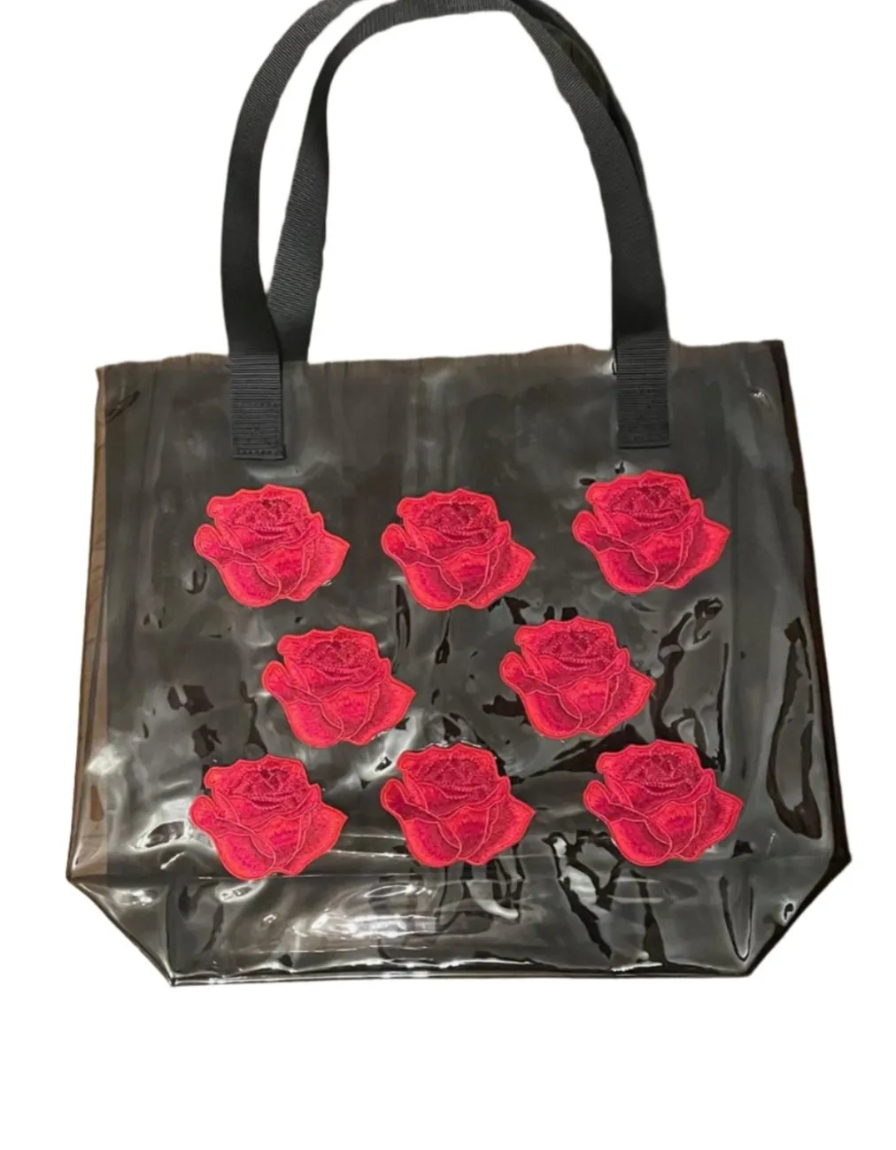 Red Rose Holographic PVC Black Tote Bag