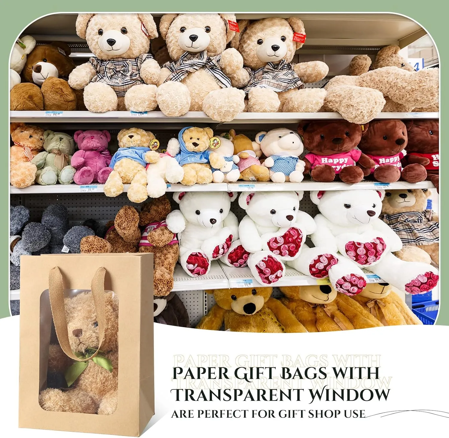 Reginary 50 Pcs Paper Gift Bags with Transparent Window Clear Gift Bag with Handle 9.8 x 7.1 x 5.1 Shopping Tote for Bouquet Mother's Day Graduation Wedding Present Festival Party(Brown)