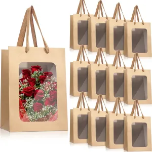 Reginary 50 Pcs Paper Gift Bags with Transparent Window Clear Gift Bag with Handle 9.8 x 7.1 x 5.1 Shopping Tote for Bouquet Mother's Day Graduation Wedding Present Festival Party(Brown)