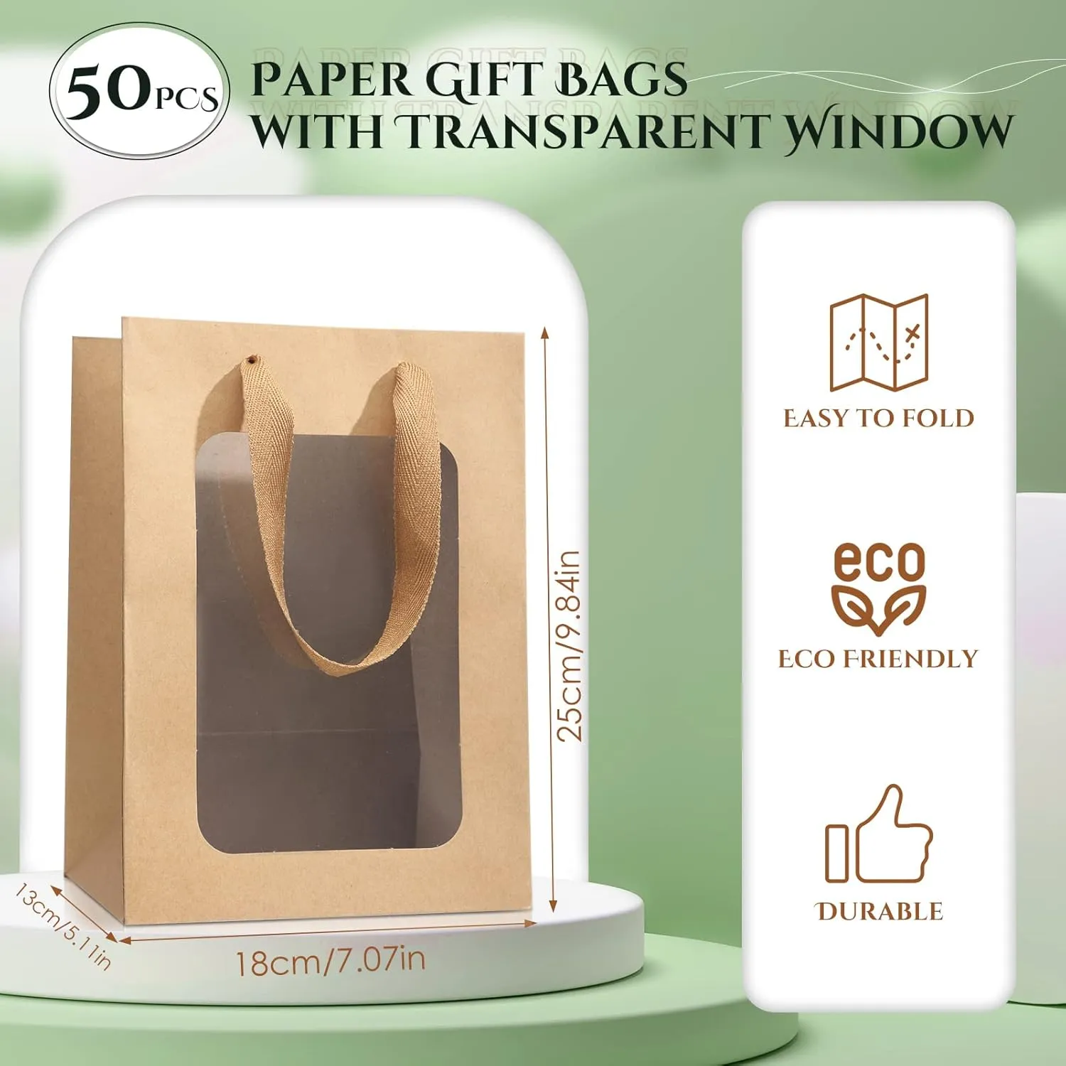 Reginary 50 Pcs Paper Gift Bags with Transparent Window Clear Gift Bag with Handle 9.8 x 7.1 x 5.1 Shopping Tote for Bouquet Mother's Day Graduation Wedding Present Festival Party(Brown)