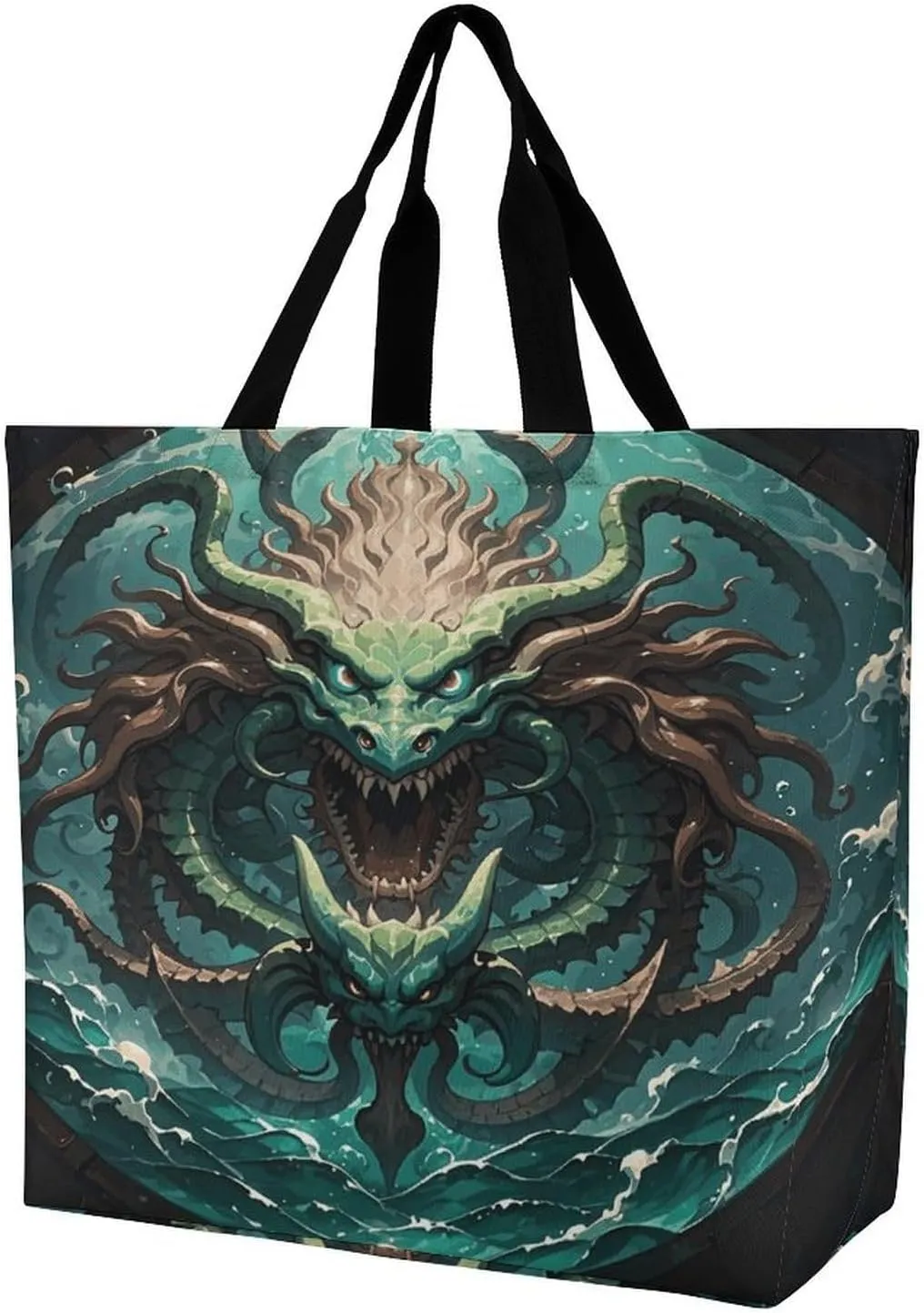 Reusable Grocery Shopping Cloth Bags Nordic Sea Monster Kraken with Special Effects Mythological Totem Print Shoulder Tote Bag Fashionable Tote Handbag for Work Beach Travel Shopping