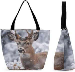 Reusable Shopping Bags for Women Large Grocery Bags Travel Tote Bags Deer in The Snow Shoulder Bag for Work