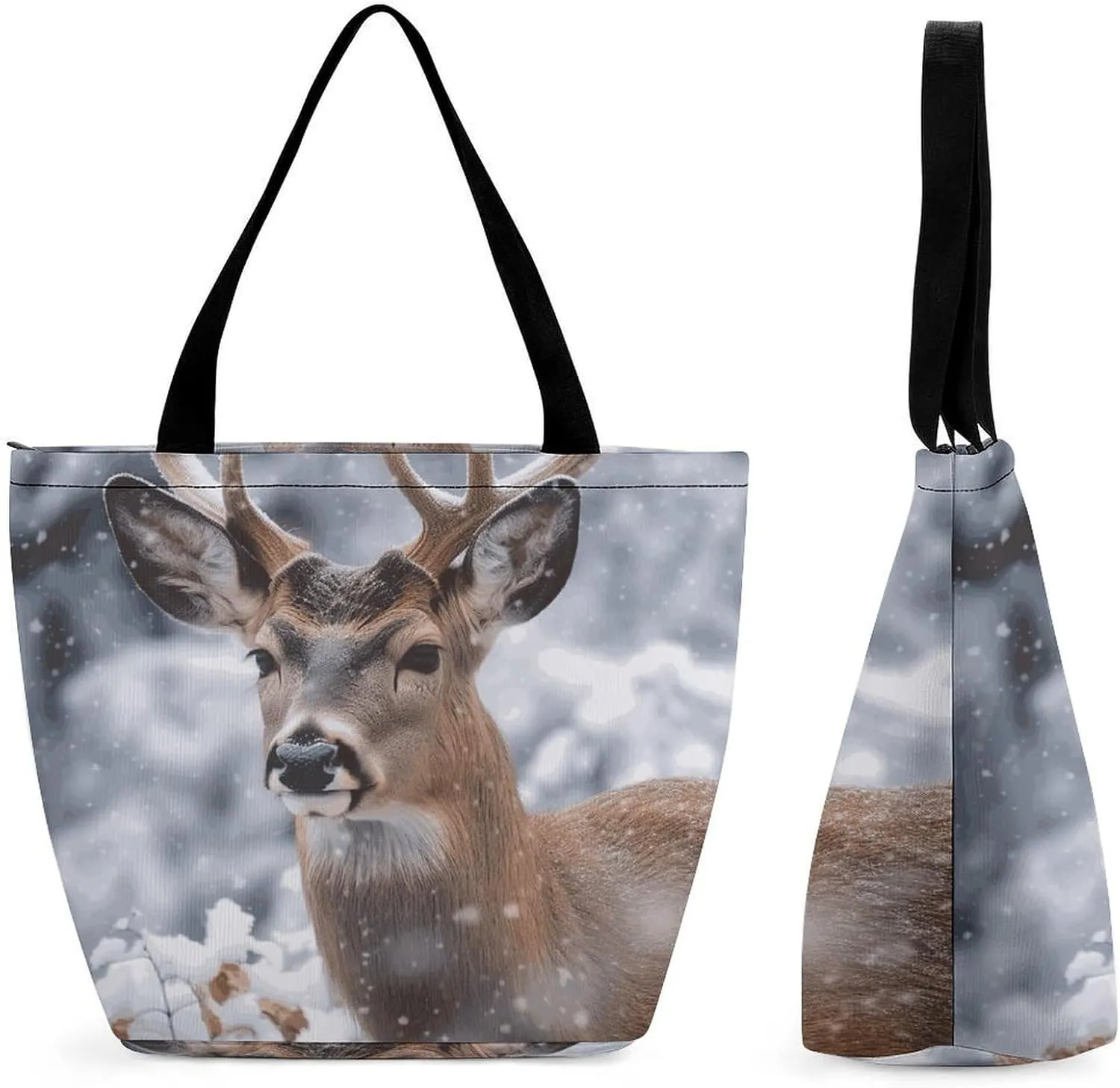 Reusable Shopping Bags for Women Large Grocery Bags Travel Tote Bags Deer in The Snow Shoulder Bag for Work