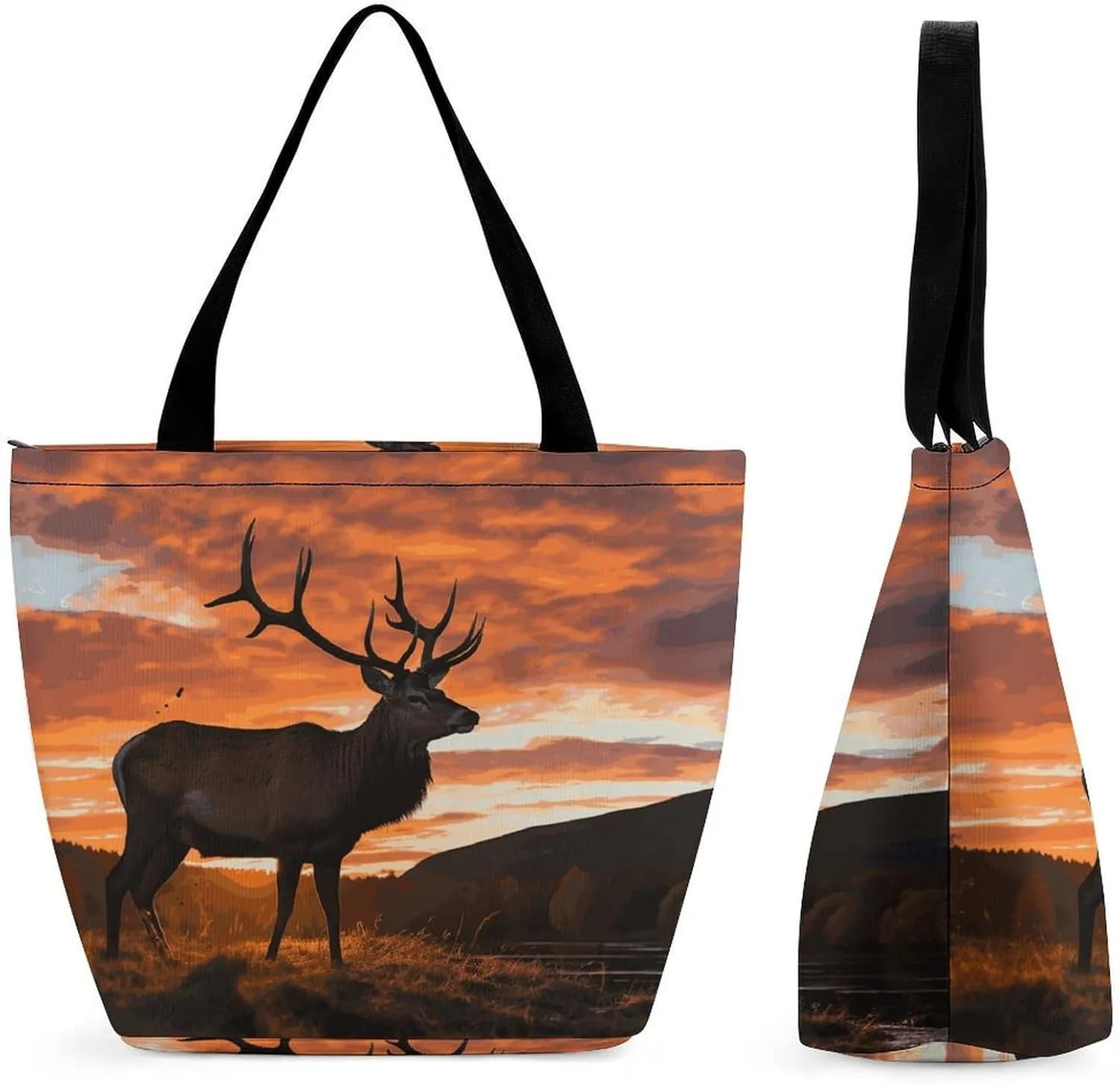 Reusable Shopping Bags for Women Large Grocery Bags Travel Tote Bags Red Deer Bull Elk Sunset Shoulder Bag for Work