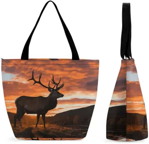 Reusable Shopping Bags for Women Large Grocery Bags Travel Tote Bags Red Deer Bull Elk Sunset Shoulder Bag for Work