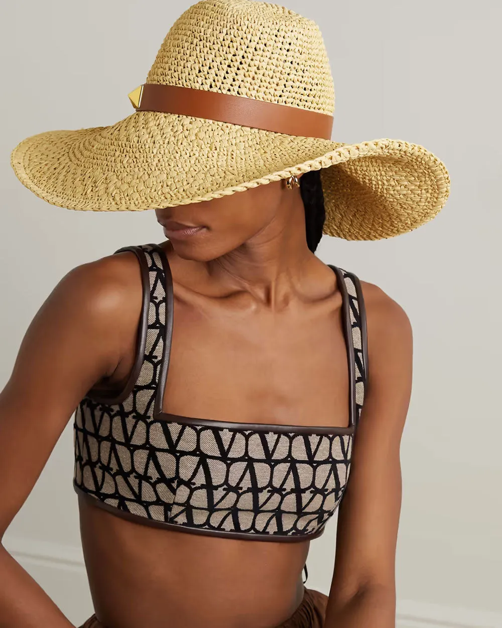 Roman Stud Leather-Trimmed Small Straw Fedora
