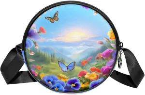 Round Crossbody Bags for Traveling, Womens Purses, sunrise pattern flower and butterflies