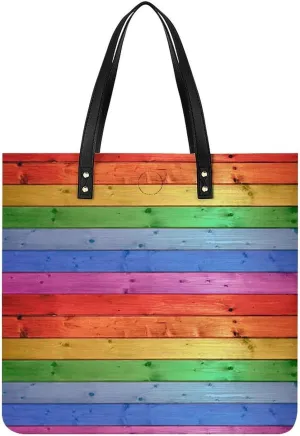 Rustic Old Barn Wood Rainbow Tote Bag Leather Handbags Large Shoulder Bag for College Work Travel Shopping