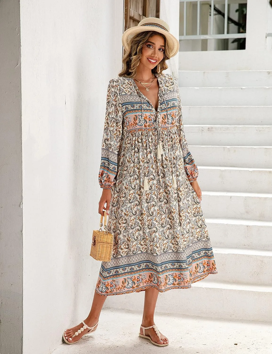 R.Vivimos Women's Long Sleeve Floral Print Retro V Neck Tassel Bohemian Midi Dresses