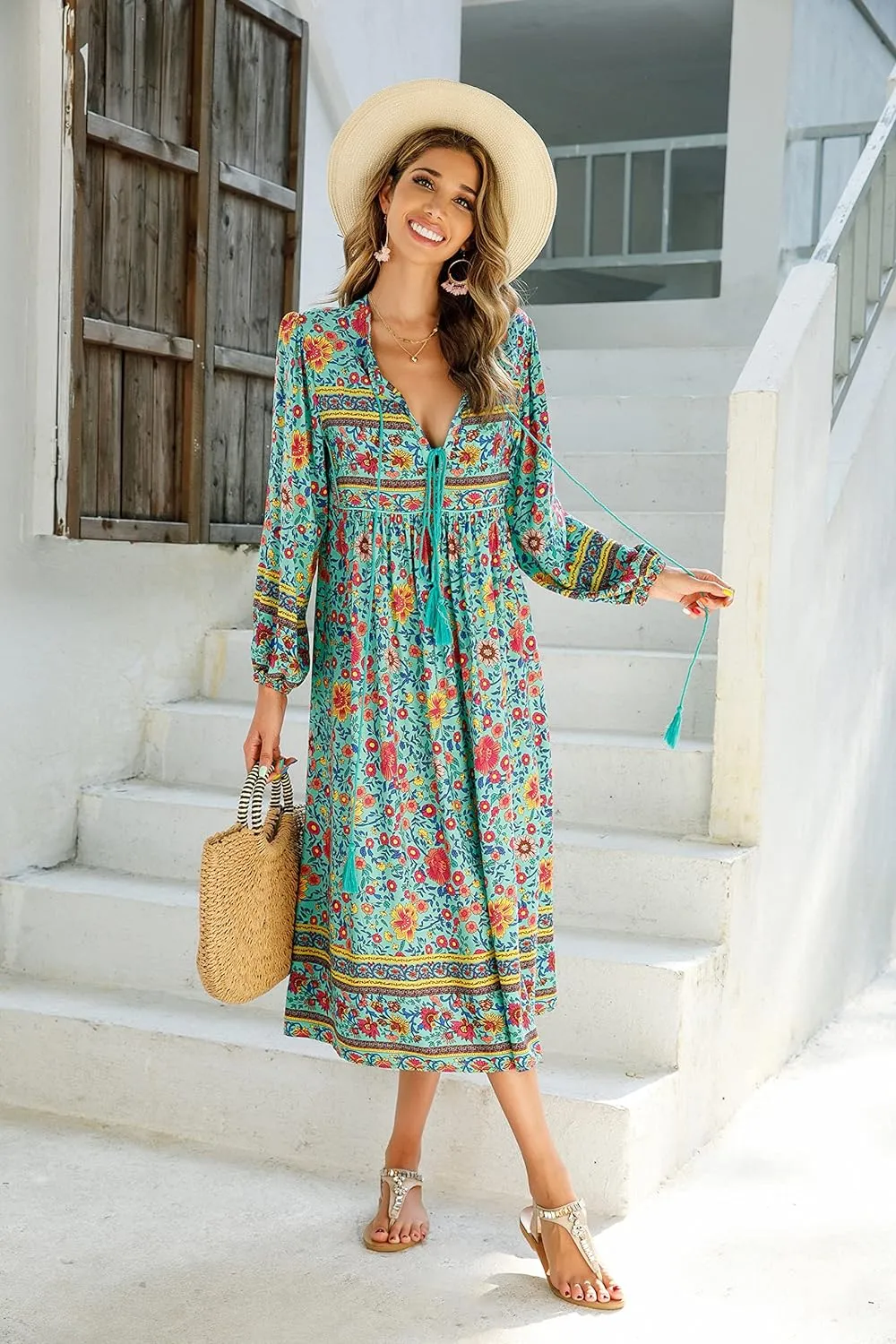 R.Vivimos Women's Long Sleeve Floral Print Retro V Neck Tassel Bohemian Midi Dresses