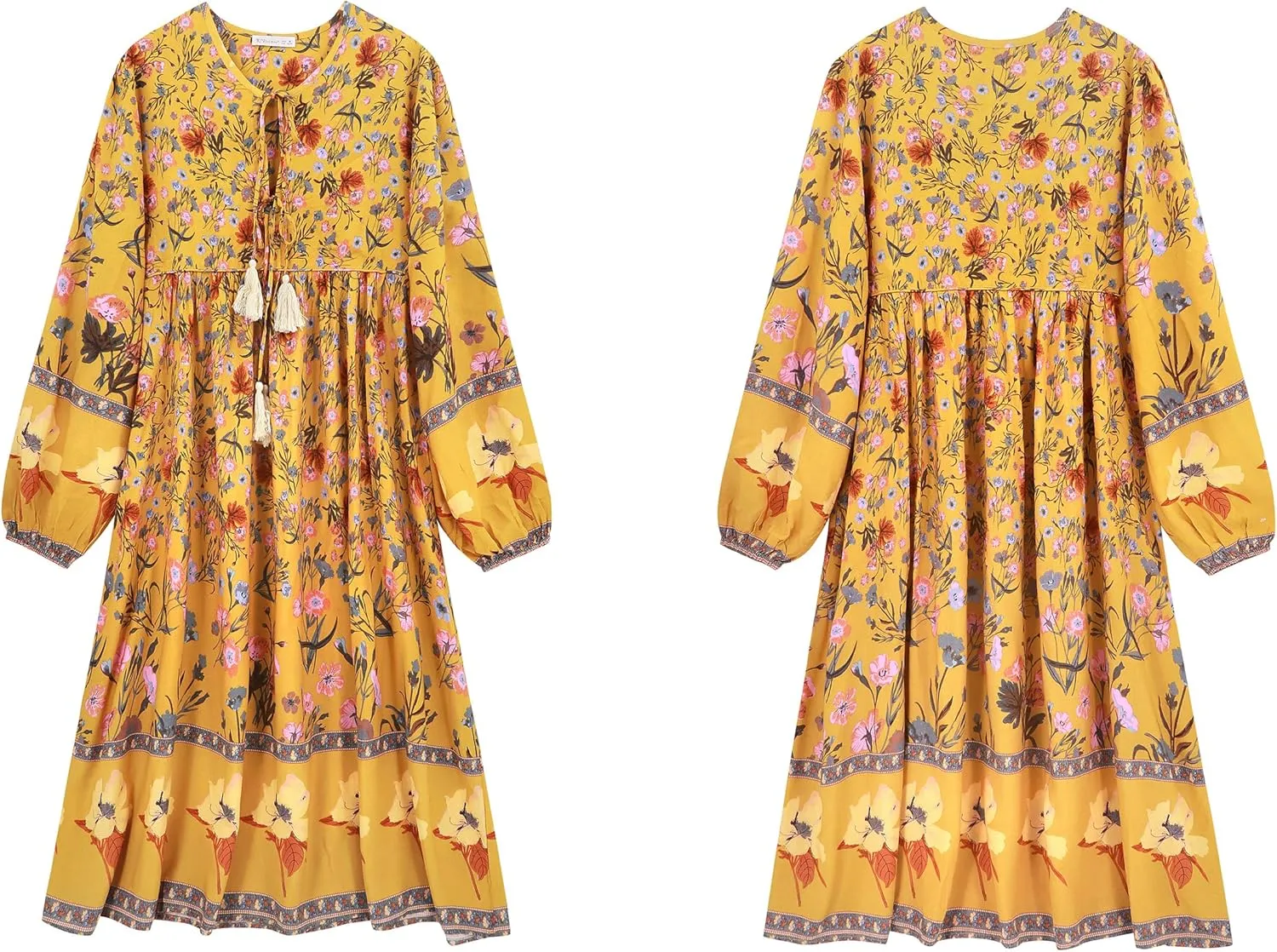 R.Vivimos Women's Long Sleeve Floral Print Retro V Neck Tassel Bohemian Midi Dresses