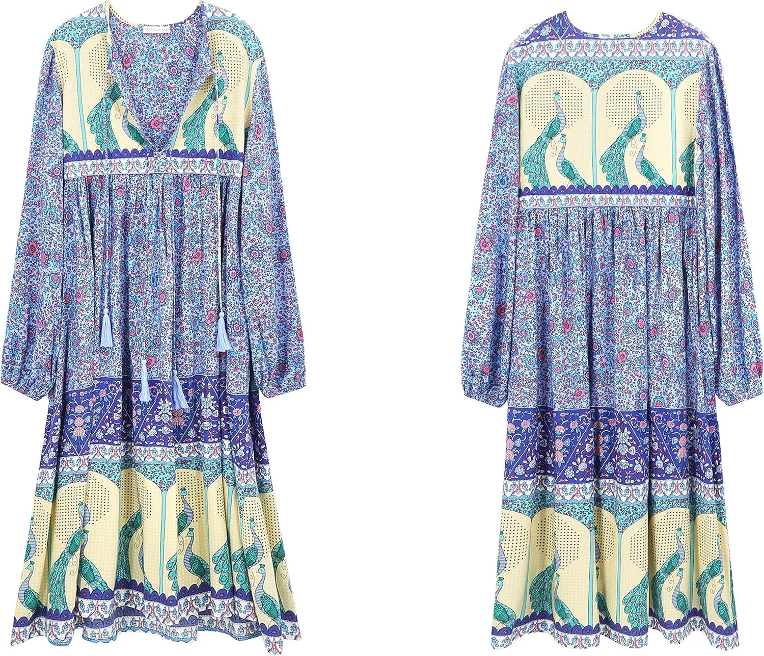 R.Vivimos Women's Long Sleeve Floral Print Retro V Neck Tassel Bohemian Midi Dresses