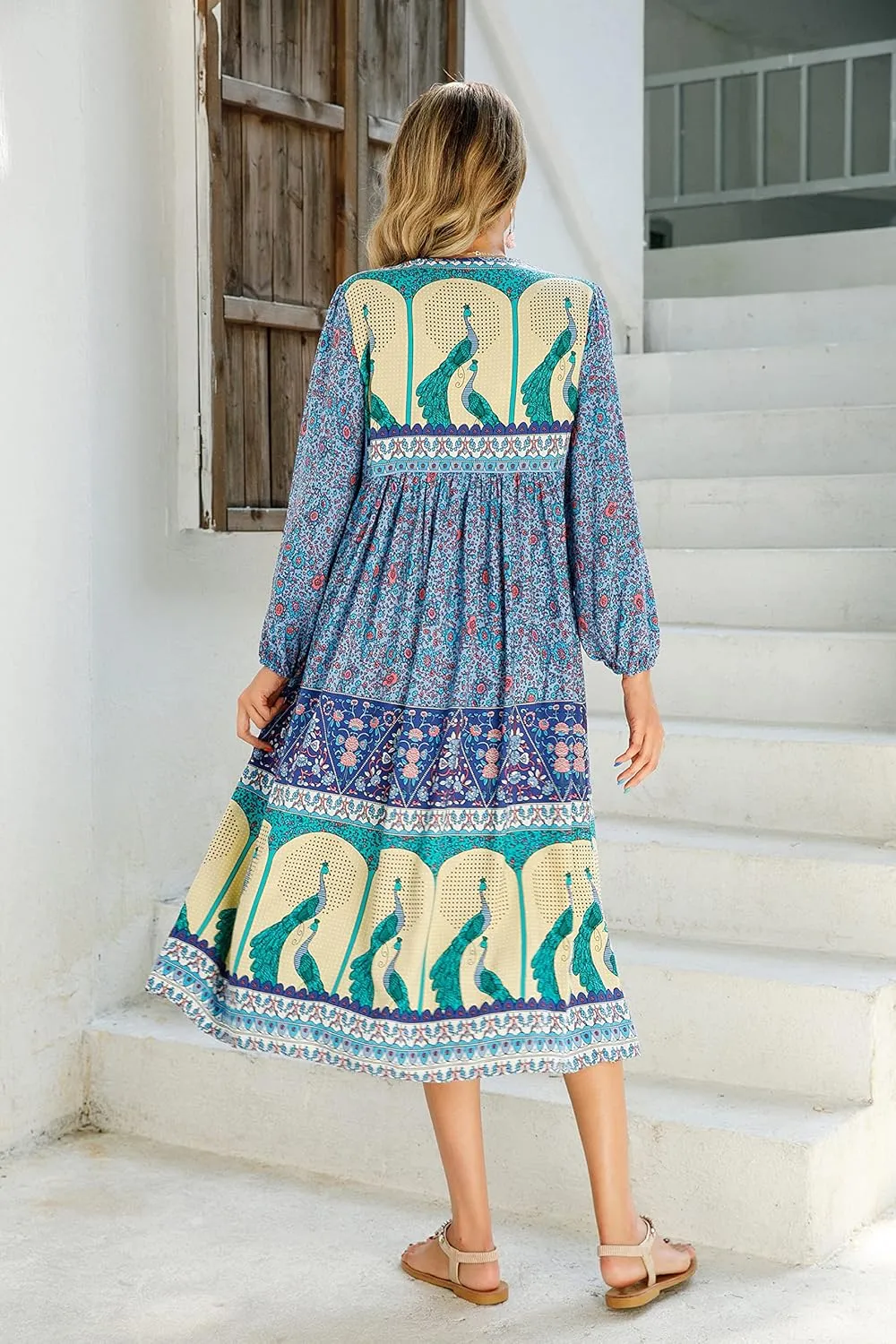 R.Vivimos Women's Long Sleeve Floral Print Retro V Neck Tassel Bohemian Midi Dresses