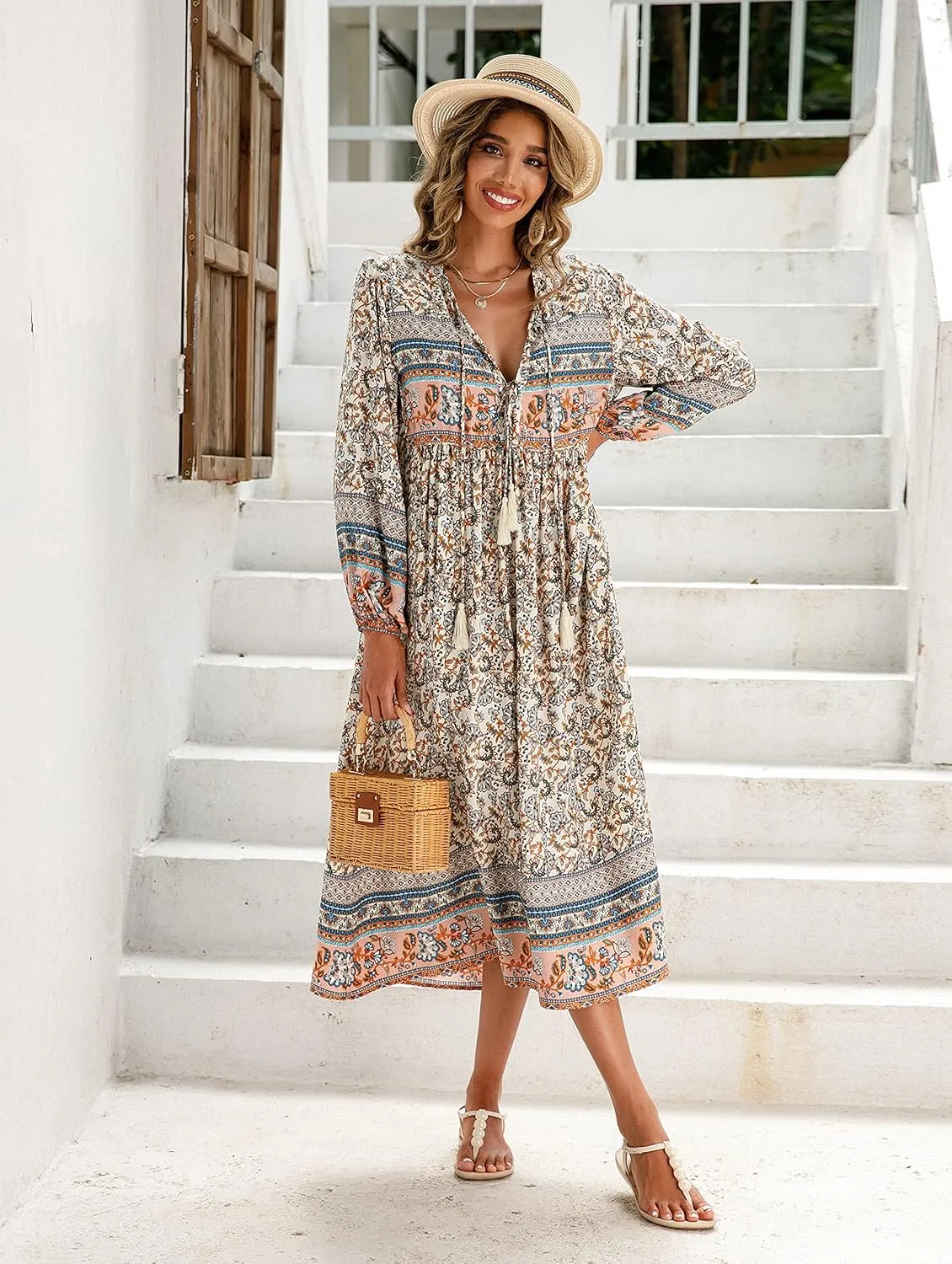 R.Vivimos Women's Long Sleeve Floral Print Retro V Neck Tassel Bohemian Midi Dresses
