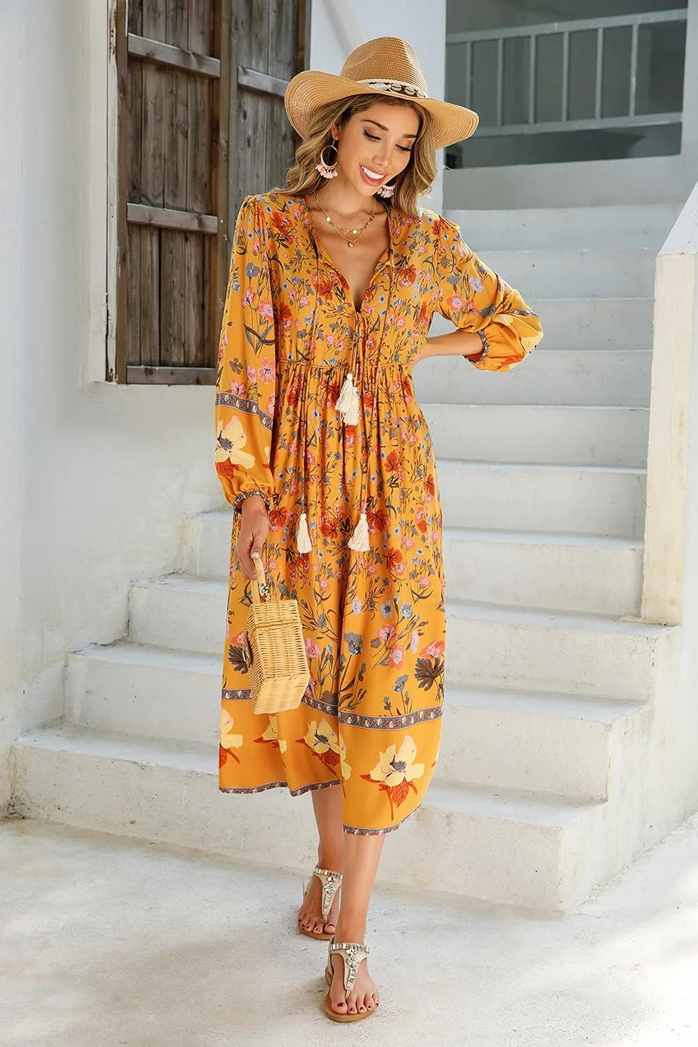 R.Vivimos Women's Long Sleeve Floral Print Retro V Neck Tassel Bohemian Midi Dresses