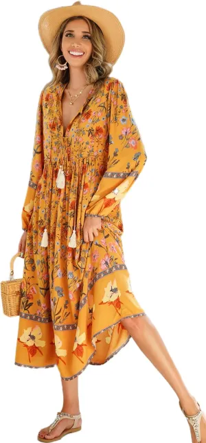 R.Vivimos Women's Long Sleeve Floral Print Retro V Neck Tassel Bohemian Midi Dresses