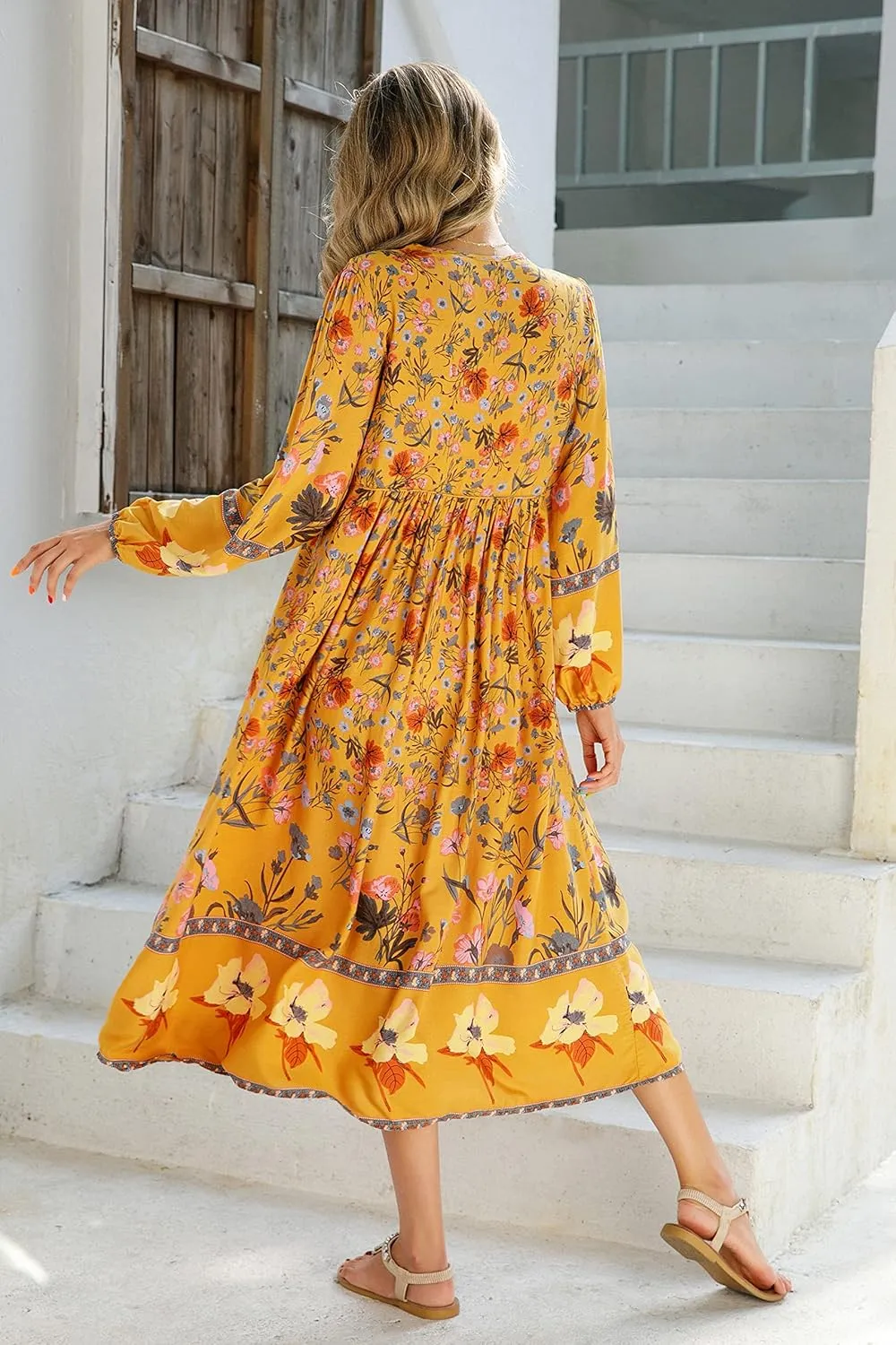 R.Vivimos Women's Long Sleeve Floral Print Retro V Neck Tassel Bohemian Midi Dresses