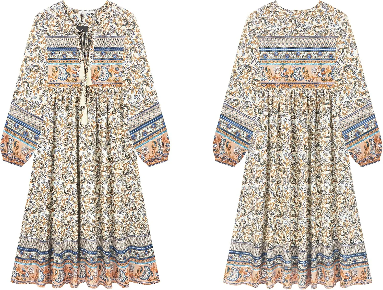 R.Vivimos Women's Long Sleeve Floral Print Retro V Neck Tassel Bohemian Midi Dresses