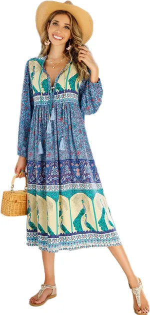 R.Vivimos Women's Long Sleeve Floral Print Retro V Neck Tassel Bohemian Midi Dresses