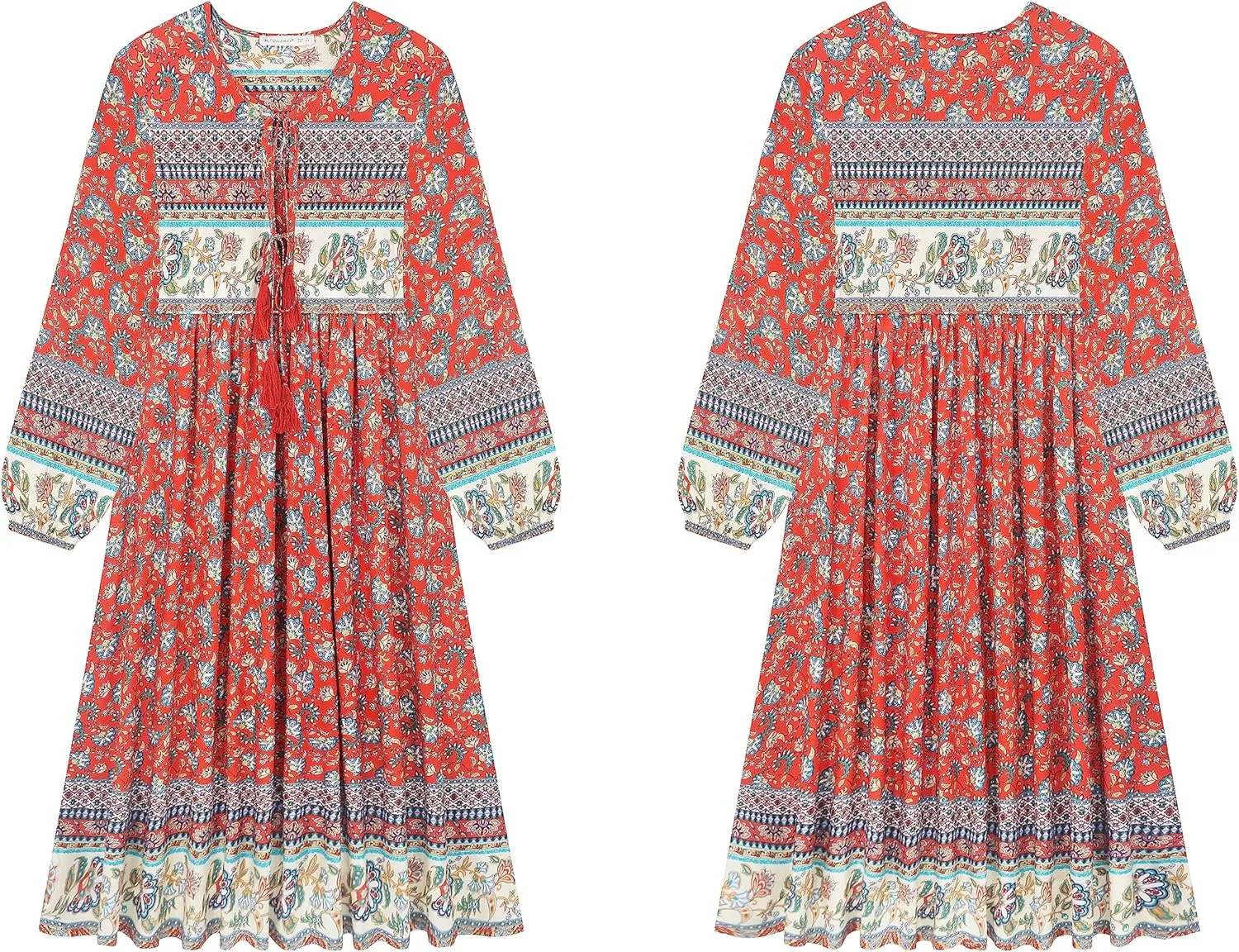 R.Vivimos Women's Long Sleeve Floral Print Retro V Neck Tassel Bohemian Midi Dresses