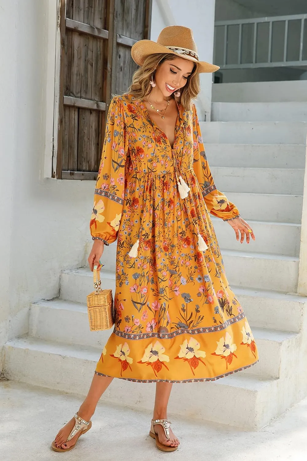 R.Vivimos Women's Long Sleeve Floral Print Retro V Neck Tassel Bohemian Midi Dresses