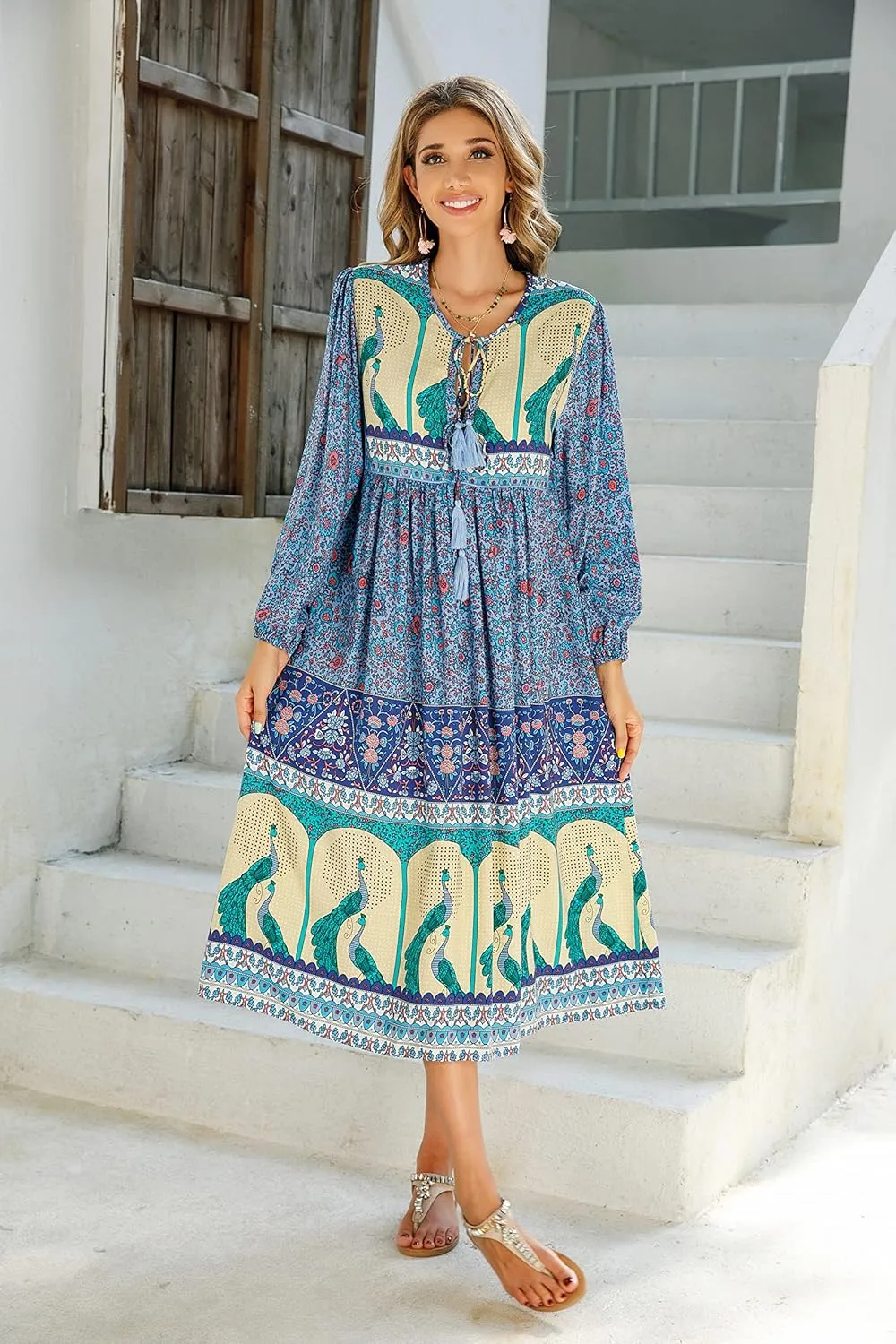 R.Vivimos Women's Long Sleeve Floral Print Retro V Neck Tassel Bohemian Midi Dresses
