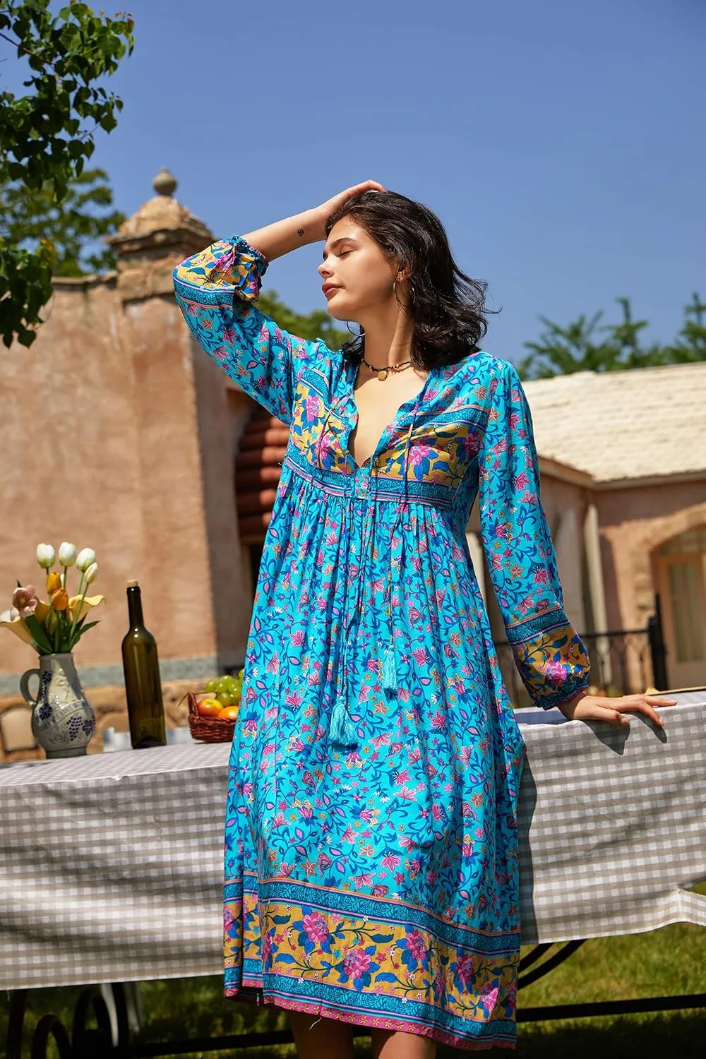 R.Vivimos Women's Long Sleeve Floral Print Retro V Neck Tassel Bohemian Midi Dresses