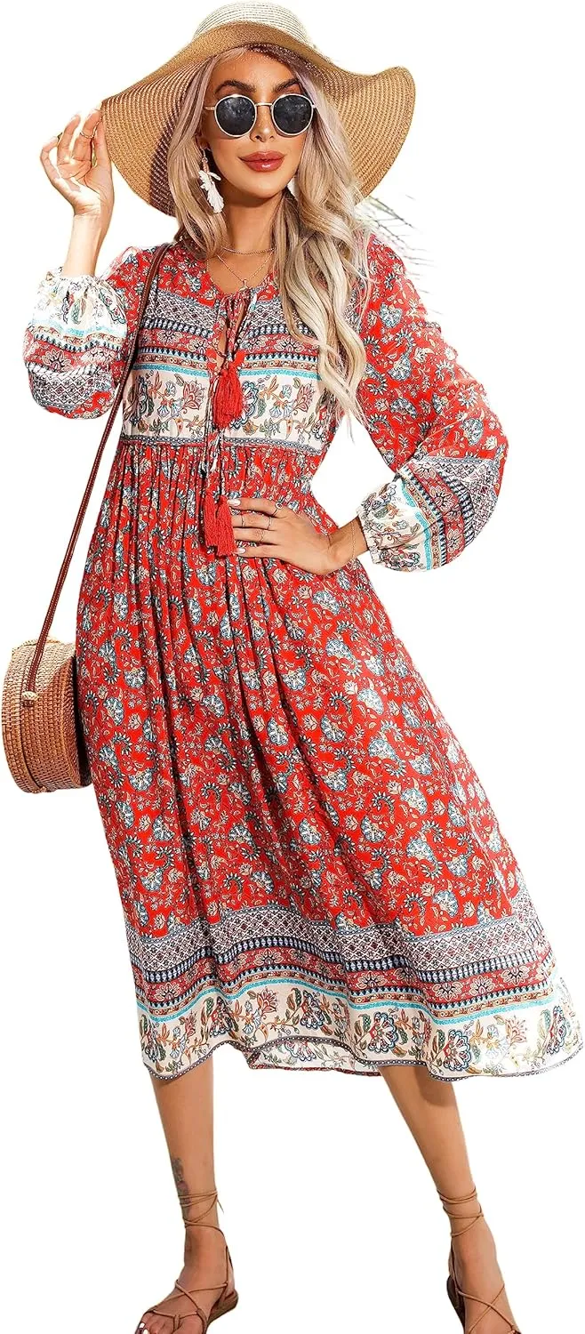 R.Vivimos Women's Long Sleeve Floral Print Retro V Neck Tassel Bohemian Midi Dresses