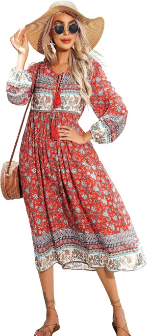 R.Vivimos Women's Long Sleeve Floral Print Retro V Neck Tassel Bohemian Midi Dresses