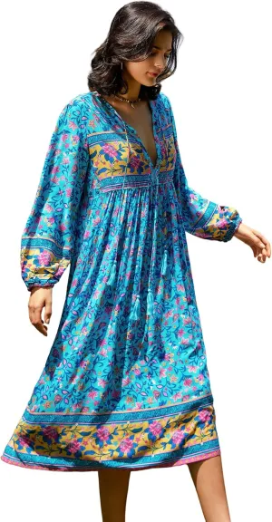 R.Vivimos Women's Long Sleeve Floral Print Retro V Neck Tassel Bohemian Midi Dresses