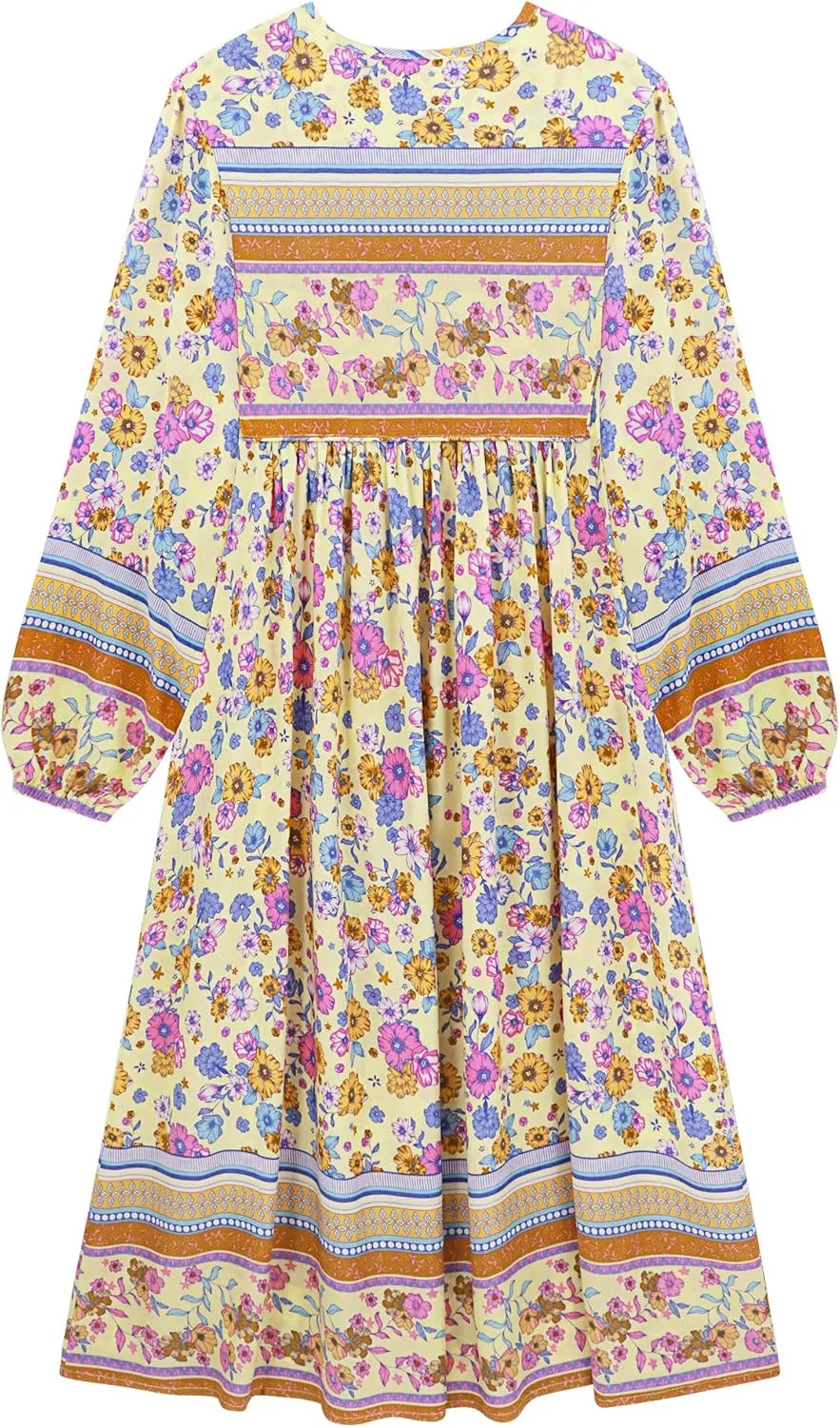 R.Vivimos Women's Long Sleeves Floral Print Retro V Neck Tassel Casual Bohemian Midi Dresses