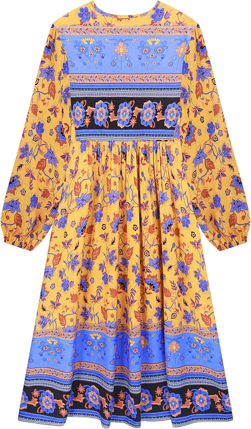 R.Vivimos Women's Long Sleeves Floral Print Retro V Neck Tassel Casual Bohemian Midi Dresses