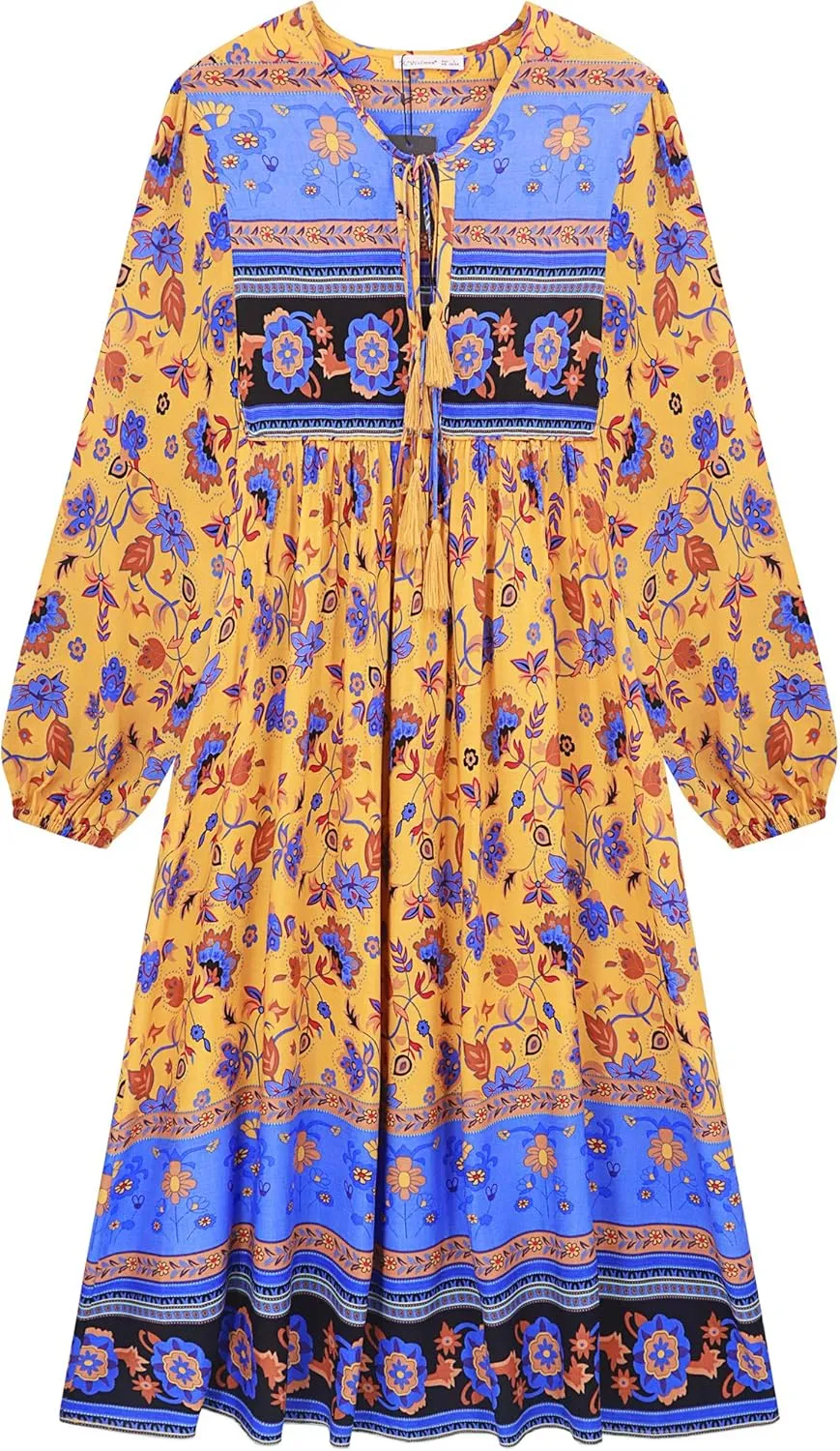 R.Vivimos Women's Long Sleeves Floral Print Retro V Neck Tassel Casual Bohemian Midi Dresses