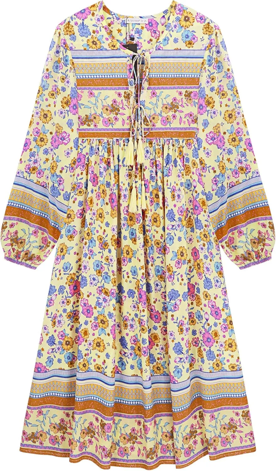 R.Vivimos Women's Long Sleeves Floral Print Retro V Neck Tassel Casual Bohemian Midi Dresses