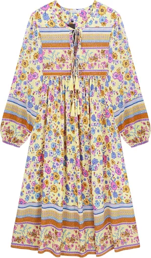 R.Vivimos Women's Long Sleeves Floral Print Retro V Neck Tassel Casual Bohemian Midi Dresses