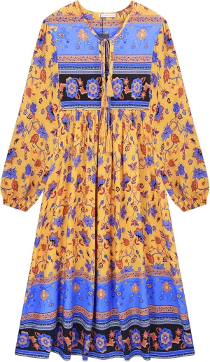 R.Vivimos Women's Long Sleeves Floral Print Retro V Neck Tassel Casual Bohemian Midi Dresses