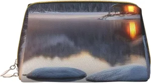Sacred Silence Print Small Leather Makeup Bag for Women, Travel Cosmetic Bag with Zipper, Toiletries, Purse, Gift