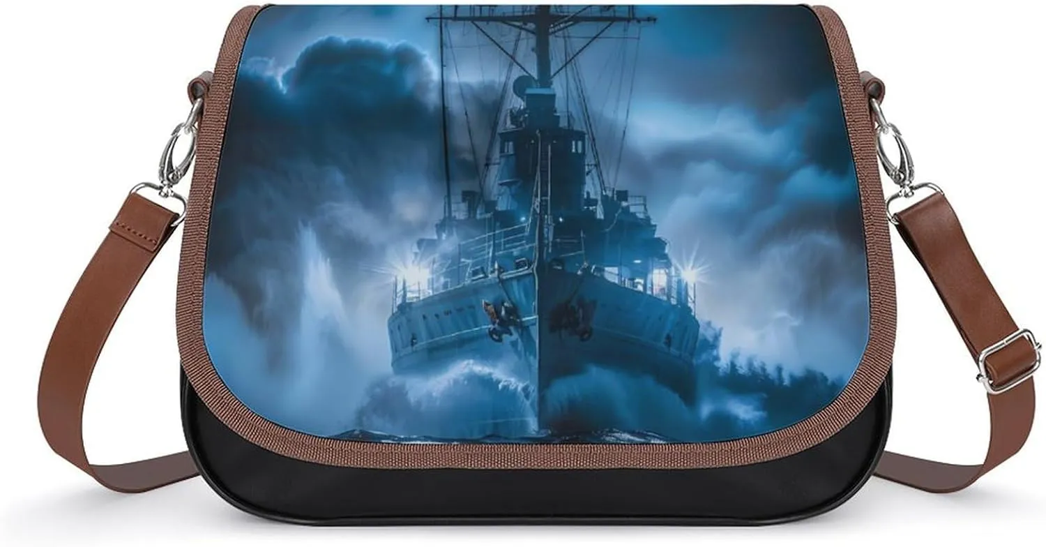 Sailboat War Ship Blue Toned Clouds Crossbody Bags for Women PU Leather Tote Bag Purse Shoulder Bag for Travel Office