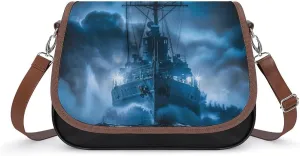 Sailboat War Ship Blue Toned Clouds Crossbody Bags for Women PU Leather Tote Bag Purse Shoulder Bag for Travel Office