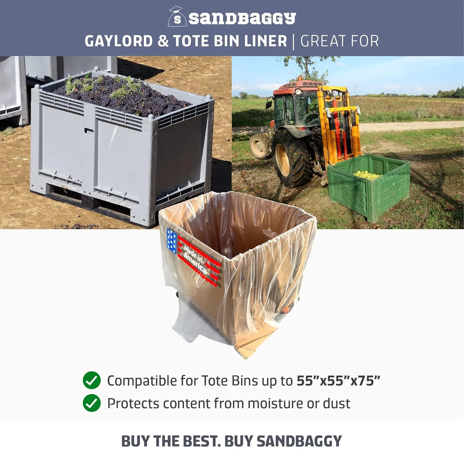 Sandbaggy Gaylord & Tote Bin Liners | Made in USA | Liners Fits Boxes Up to 55" x 55" x 75" | Built w/ 1 Month UV | Heavy Duty 1.5 Mil Thick (Pack of 25)