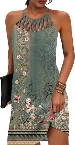 SAUKOLE Womens Summer Halter Neck Hollow Out Sleeveless Dress Floral Print Beach Boho Short Mini Sundresses