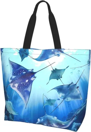 Sea Animals Stingrays Printed Large Tote Bag for Women Reusable Shopping Cloth Bags Lightweight Shoulder Bags
