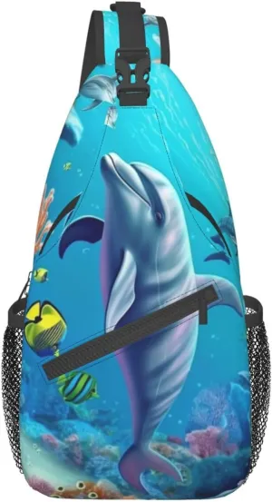 Seabed Coral Fish Dolphins Printed Crossbody Sling Backpack Travel Hiking Casual Chest Bags Waterproof Shoulder Backpack Chest Daypacks For Walking Hiking
