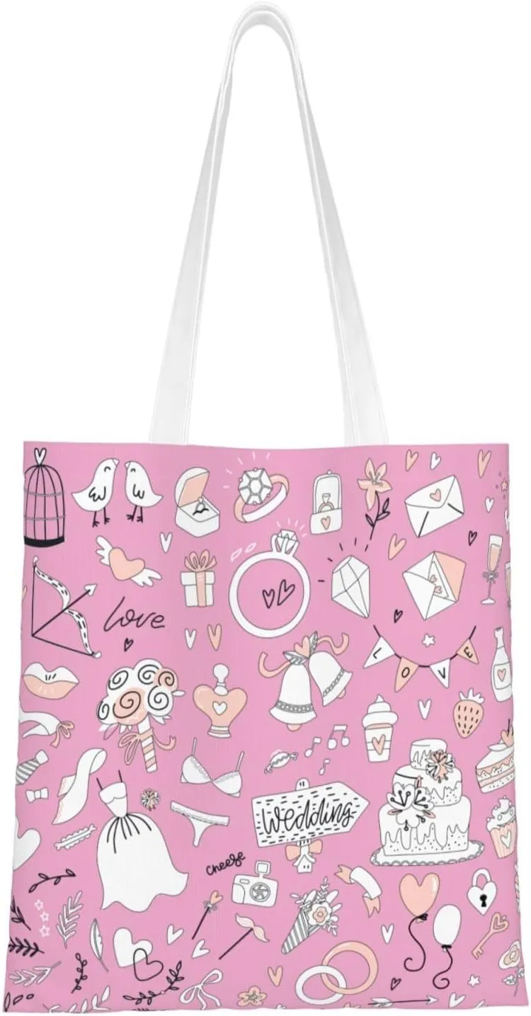 Seamless Chart of Items at the Wedding Tote Bag for Women Canvas Shopping Bags Reusable Beach Bag Grocery Bags Tote Shoulder Bag Gift Bags