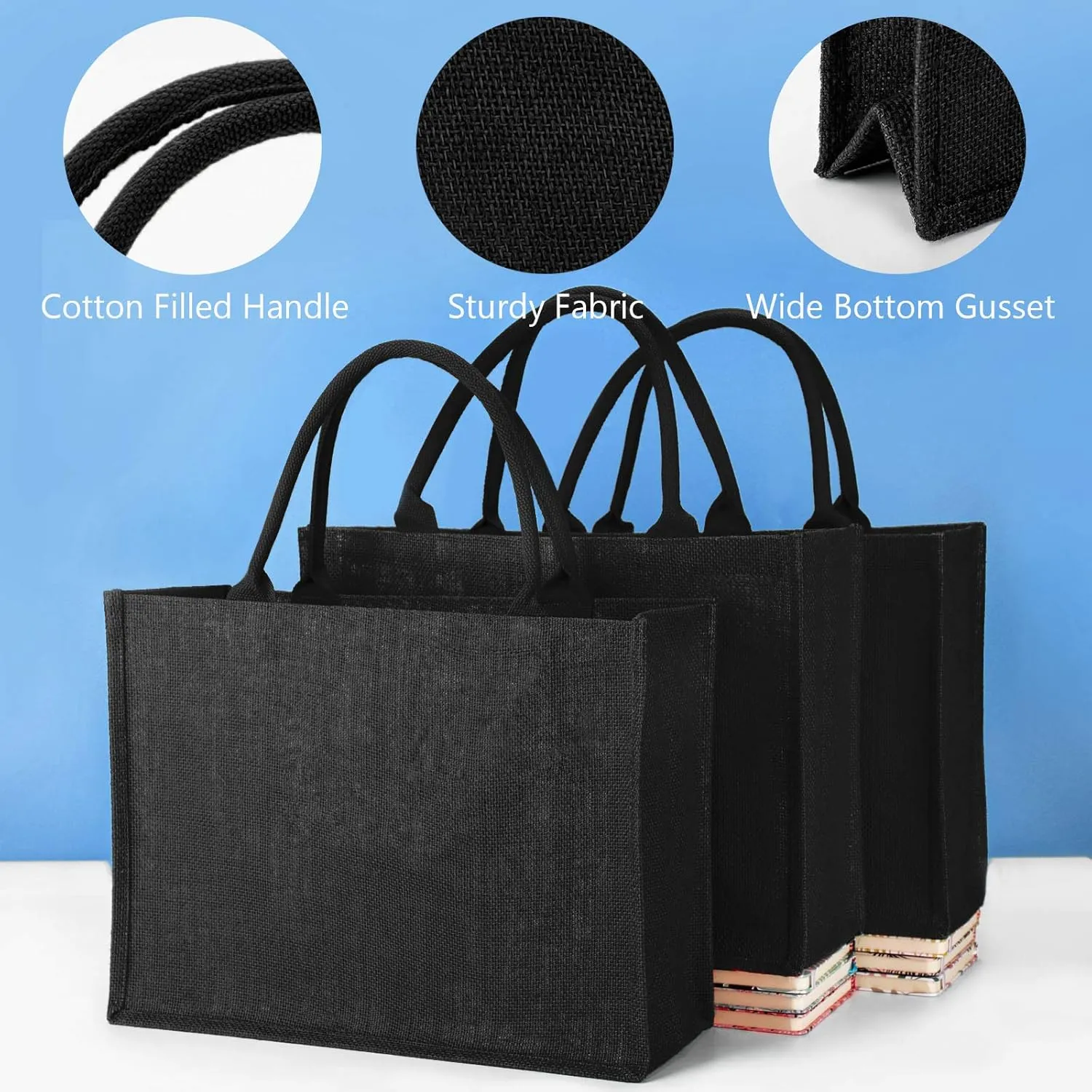 Segarty Tote Bags, 3 Pack Large Black Burlap Jute Reusable Canvas Gift Favors Bag with Handles Blank Tote Bulk for Bridesmaid Wedding, Women Market Grocery Shopping, Bachelorette Party, Beach Trip