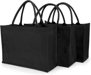 Segarty Tote Bags, 3 Pack Large Black Burlap Jute Reusable Canvas Gift Favors Bag with Handles Blank Tote Bulk for Bridesmaid Wedding, Women Market Grocery Shopping, Bachelorette Party, Beach Trip